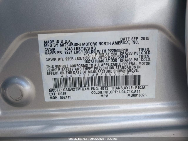 4A4AP3AW0FE053757 Mitsubishi Outlander Sport 2.4 Es