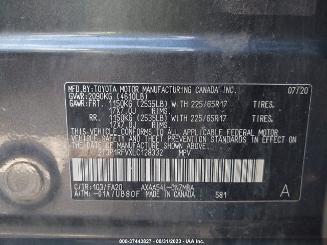 2020 TOYOTA RAV4 XLE VIN: 2T3P1RFVXLC128332