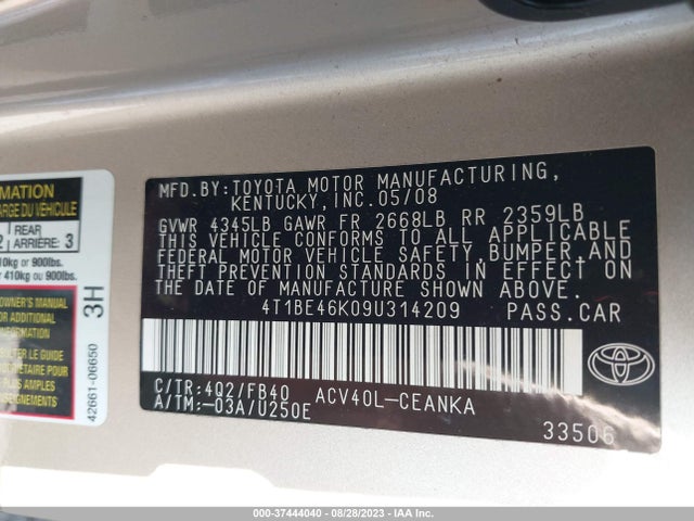 2009 TOYOTA CAMRY VIN: 4T1BE46K09U314209