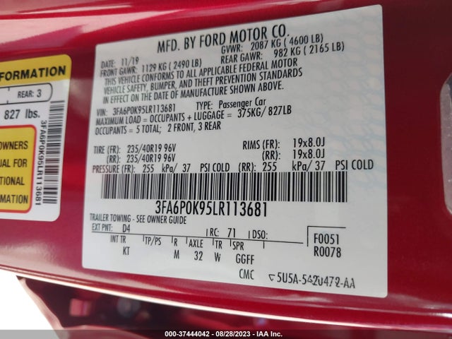 Продаж на аукціоні авто 2020 Ford Fusion Titanium, vin: 3FA6P0K95LR113681, номер лоту: 37444042