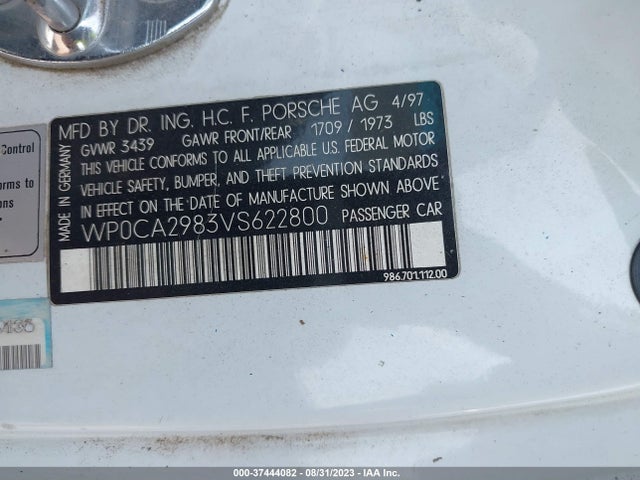 1997 PORSCHE BOXSTER VIN: WP0CA2983VS622800