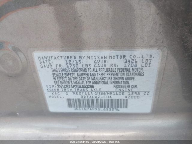3N1CN7APXGL853296 Nissan Versa S Plus