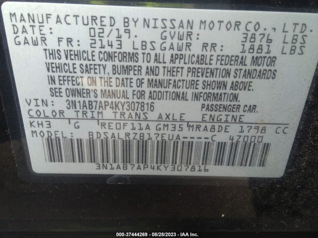 2019 Nissan Sentra Sr მანქანა იყიდება აუქციონზე, vin: 3N1AB7AP4KY307816, აუქციონის ნომერი: 37444269