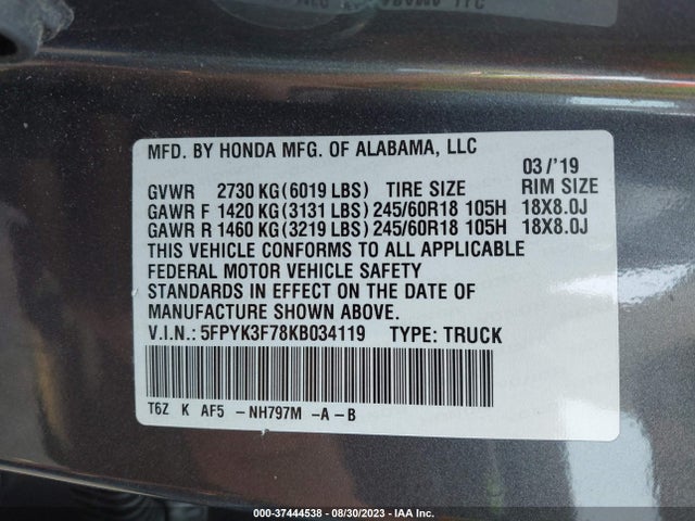Honda Ridgeline Rtl-e 2019 5FPYK3F78KB034119 Image 11