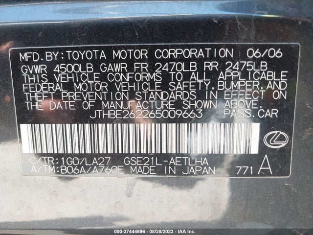 2006 LEXUS IS 350 AUTO VIN: JTHBE262265009663