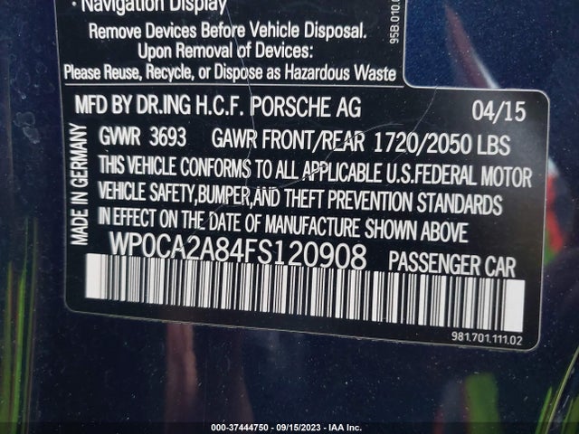 2015 Porsche Boxster, VIN: WP0CA2A84FS120908