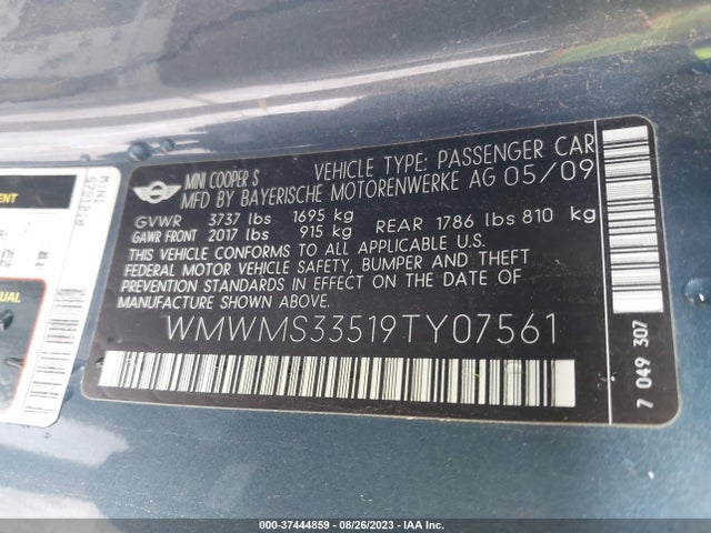 2009 MINI COOPER CONVERTIBLE S VIN: WMWMS33519TY07561