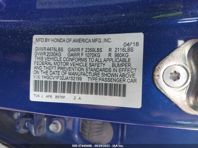 2018 HONDA ACCORD SEDAN SPORT 1.5T VIN: 1HGCV1F32JA152199