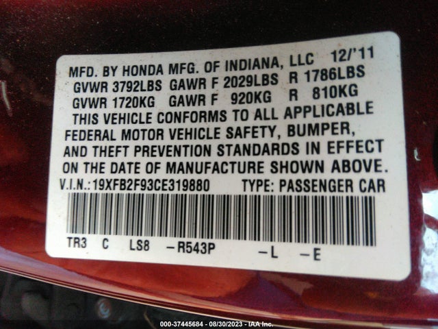 2012 HONDA CIVIC SDN EX-L VIN: 19XFB2F93CE319880