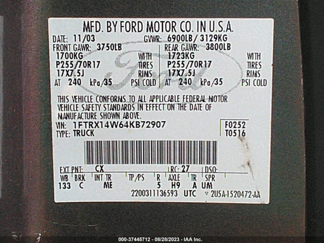 2004 FORD F-150 STX/XLT/XL VIN: 1FTRX14W64KB72907