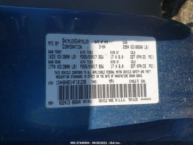 2004 DODGE DURANGO SLT VIN: 1D4HB48D14F181238