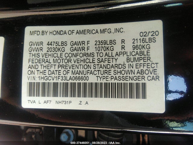 2020 HONDA ACCORD SEDAN SPORT VIN: 1HGCV1F33LA066600