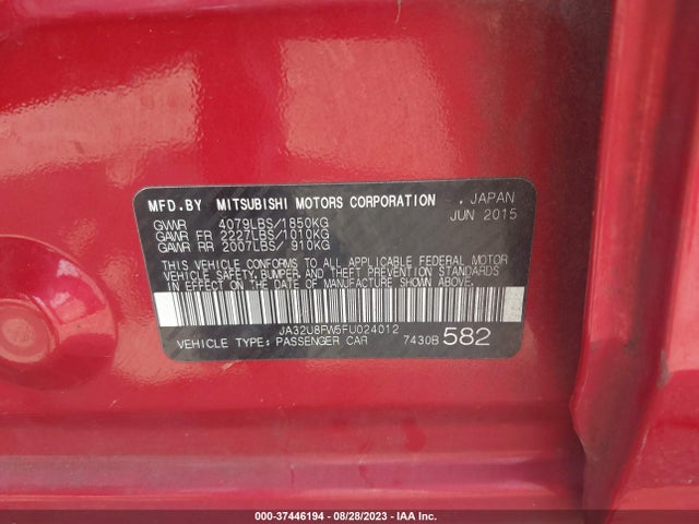 2015 MITSUBISHI LANCER GT VIN: JA32U8FW5FU024012