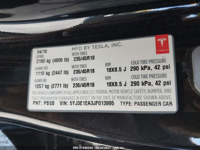 2018 Tesla 3, VIN: 5YJ3E1EA3JF013995