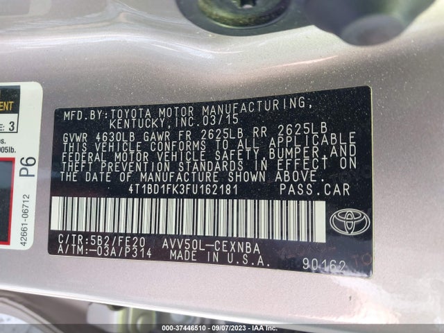 Aukcja sprzedaży 2015 Toyota Camry Hybrid Le, vin: 4T1BD1FK3FU162181, numer aukcji: 37446510