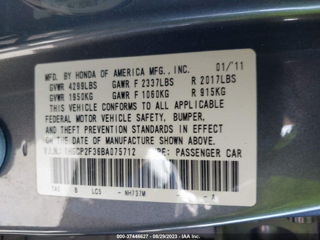 2011 HONDA ACCORD SDN LX VIN: 1HGCP2F36BA075712