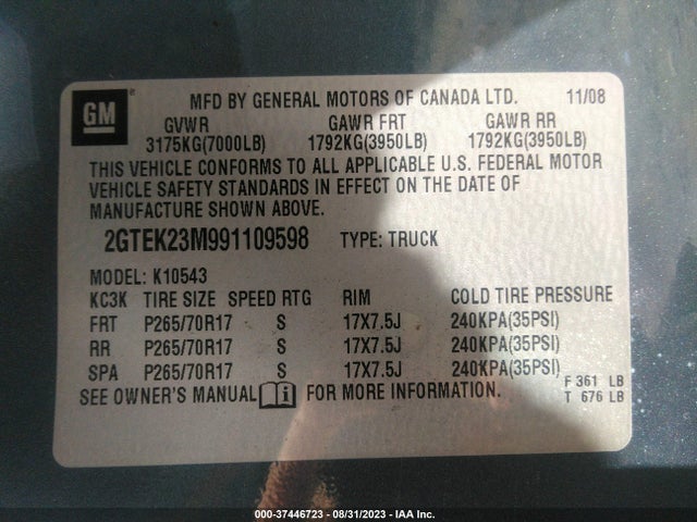 2009 GMC SIERRA 1500 SLE VIN: 2GTEK23M991109598