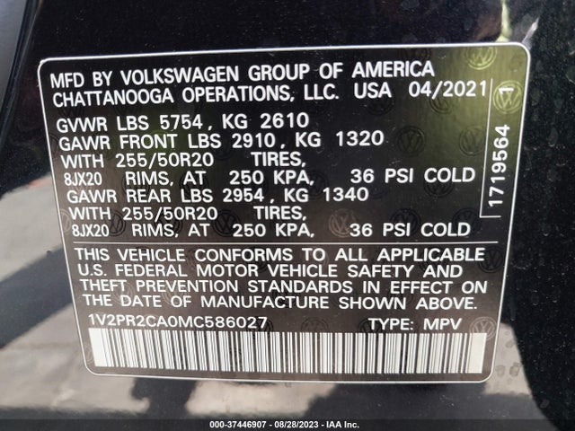 1V2PR2CA0MC586027 Volkswagen Atlas 3.6l V6 Se W