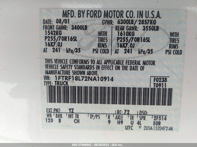 2002 FORD F-150 XL/XLT VIN: 1FTRF18L72NA10914