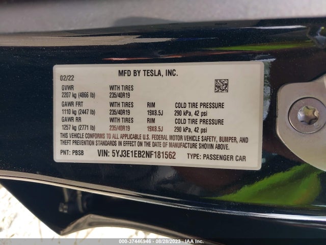 2022 Tesla 3, VIN: 5YJ3E1EB2NF181562