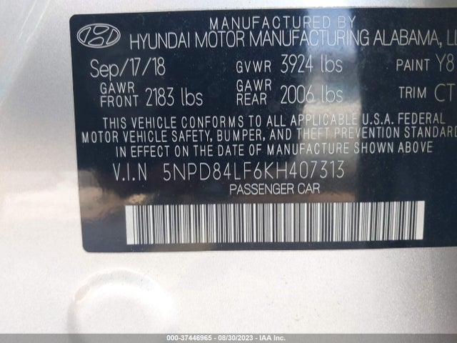 2019 HYUNDAI ELANTRA SEL VIN: 5NPD84LF6KH407313
