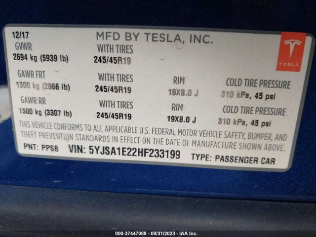 Tesla Model S 100d 2017 5YJSA1E22HF233199 Image 9