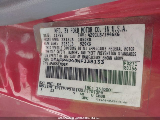 1998 FORD MUSTANG VIN: 1FAFP4040WF138133
