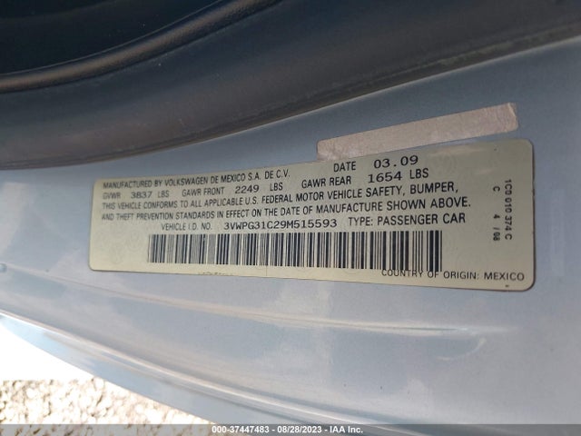 2009 Volkswagen New Beetle Coupe S მანქანა იყიდება აუქციონზე, vin: 3VWPG31C29M515593, აუქციონის ნომერი: 37447483