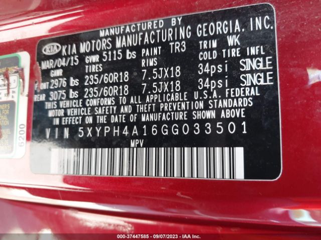 5XYPH4A16GG033501 KIA SORENTO EX