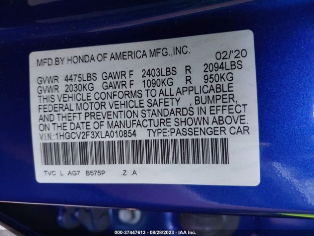 1HGCV2F3XLA010854 Honda Accord Sedan Sport