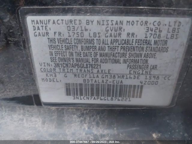 3N1CN7AP6GL876221 Nissan Versa S Plus