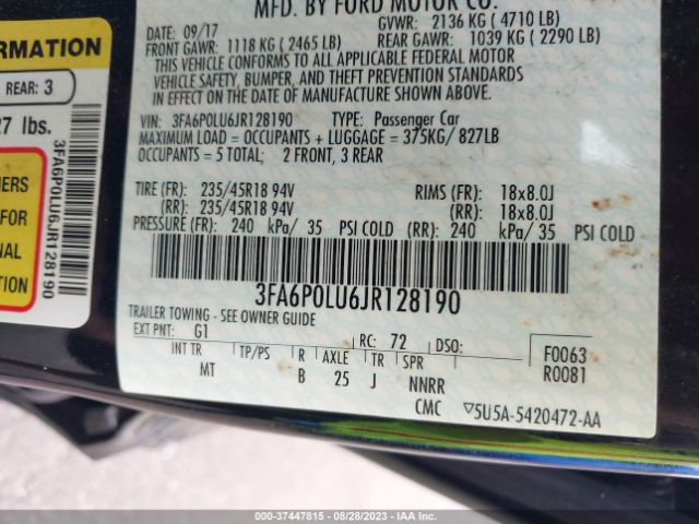 3FA6P0LU6JR128190 Ford Fusion Hybrid Se