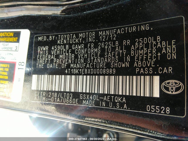 2013 TOYOTA AVALON XLE/LIMITED VIN: 4T1BK1EBXDU008989