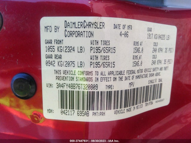 2006 CHRYSLER PT CRUISER VIN: 3A4FY48B76T320809