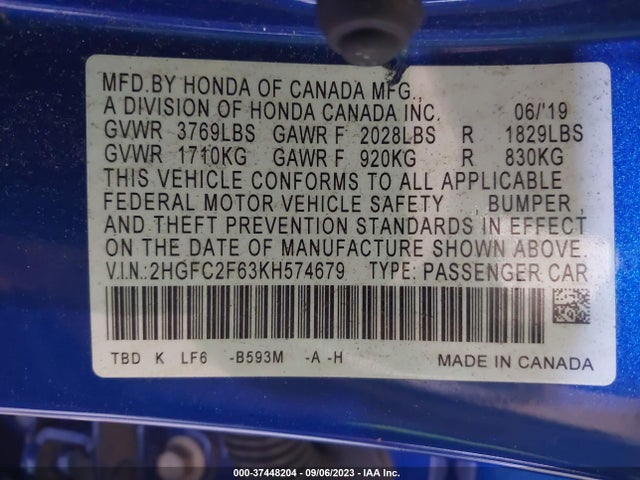 Honda Civic Lx 2019 2HGFC2F63KH574679 Image 9