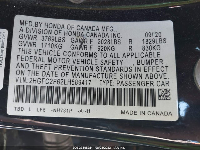 2020 HONDA CIVIC SEDAN LX VIN: 2HGFC2F62LH589417