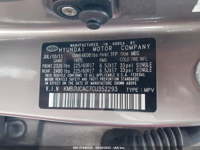 2012 HYUNDAI TUCSON GLS PZEV VIN: KM8JUCAC7CU352293