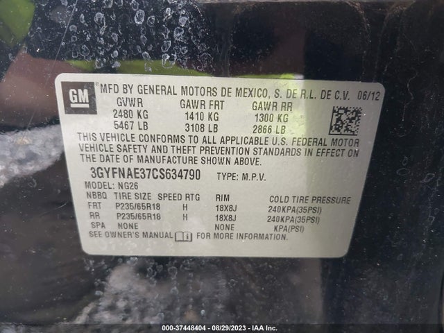 2012 CADILLAC SRX LUXURY COLLECTION VIN: 3GYFNAE37CS634790
