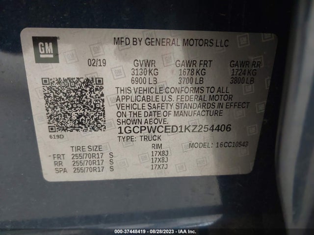 2019 CHEVROLET SILVERADO 1500 LT VIN: 1GCPWCED1KZ254406