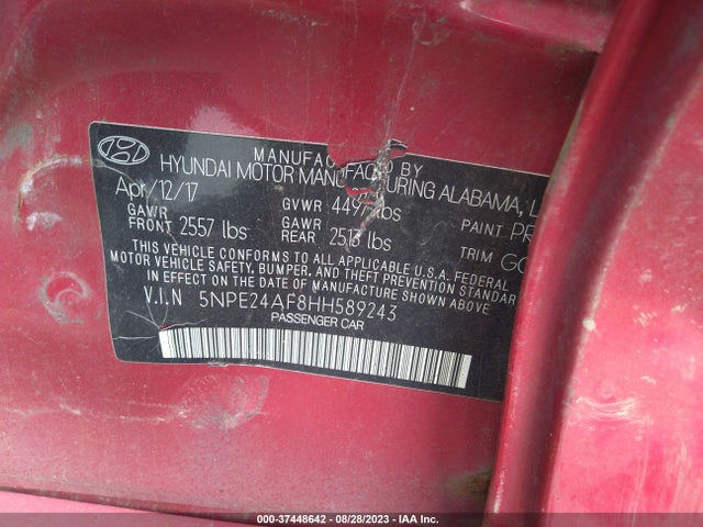 2017 HYUNDAI SONATA SE VIN: 5NPE24AF8HH589243
