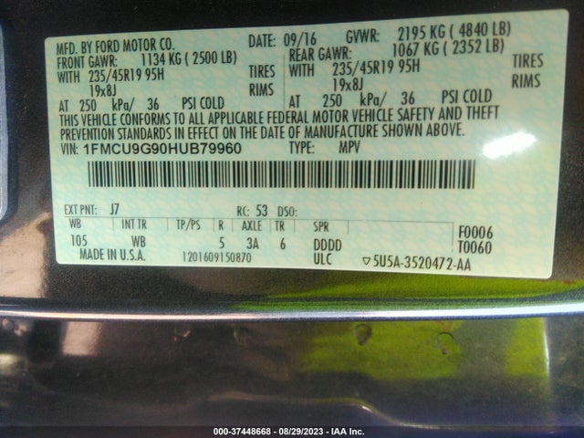 Ford ESCAPE SE 2017 1FMCU9G90HUB79960 Image 9