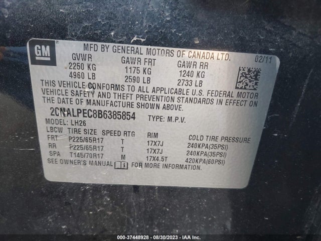 2011 CHEVROLET EQUINOX LT W/2LT VIN: 2CNALPEC8B6385854