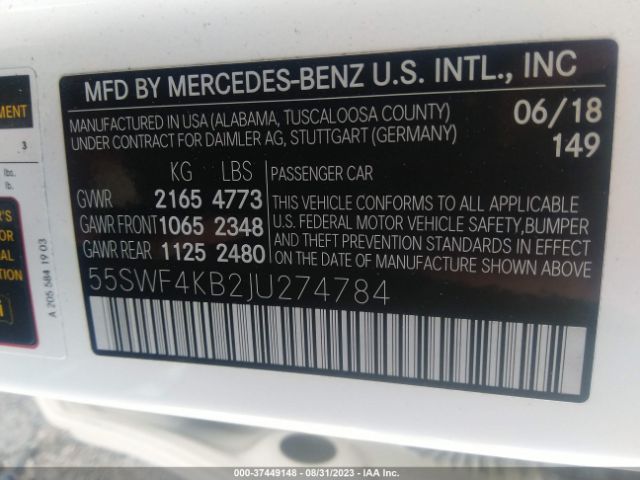 55SWF4KB2JU274784 Mercedes-Benz C-class C 300