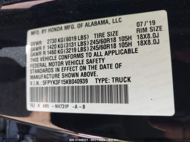 5FPYK3F15KB040939 Honda Ridgeline Sport