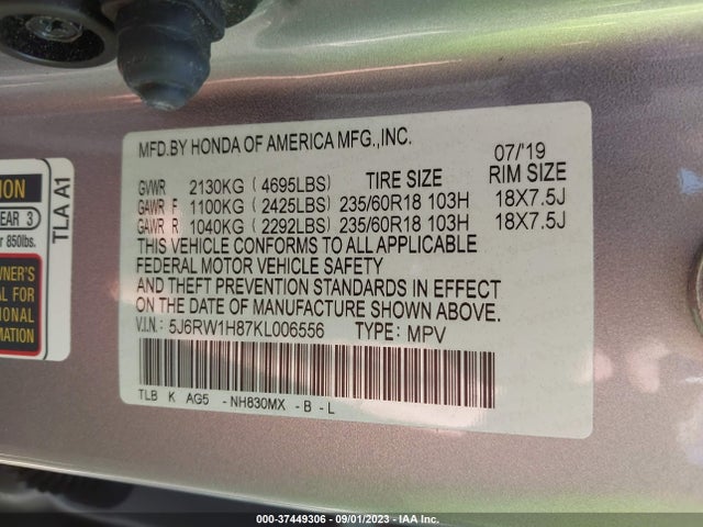 Honda Cr-v Ex-l 2019 5J6RW1H87KL006556 Image 9