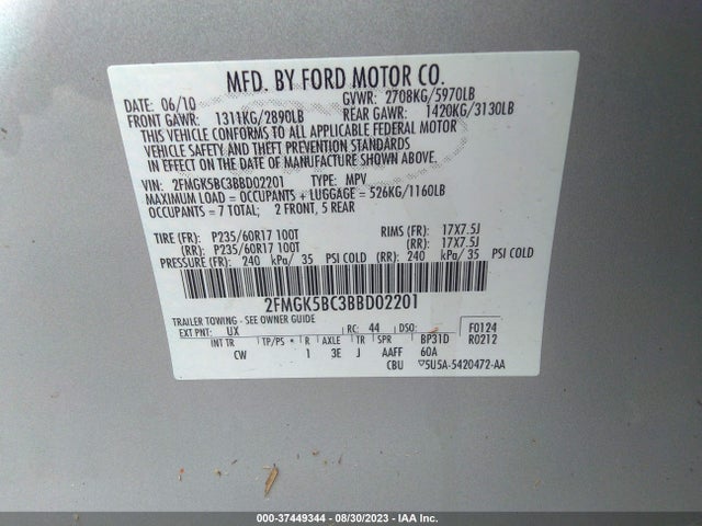2011 FORD FLEX SE VIN: 2FMGK5BC3BBD02201