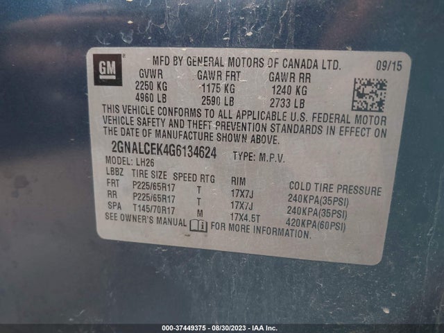 Chevrolet EQUINOX LT 2016 2GNALCEK4G6134624 Image 9