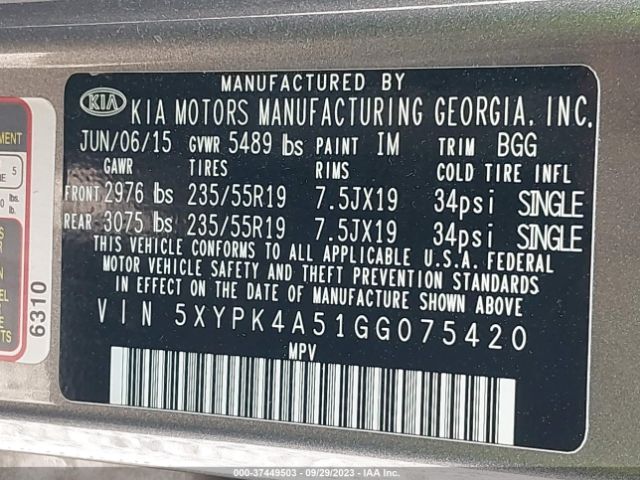 5XYPK4A51GG075420 KIA Sorento 3.3l Sx