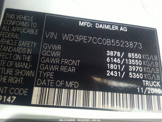 2011 MERCEDES-BENZ SPRINTER CARGO VANS VIN: WD3PE7CC0B5523873