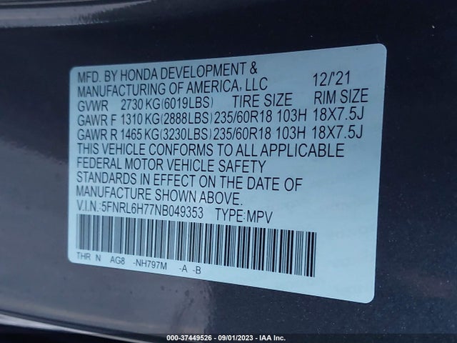 2022 HONDA ODYSSEY EX-L VIN: 5FNRL6H77NB049353